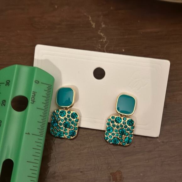 Square, metal, enamel, colored stone earrings. New. Not heavy. Very colorful - Picture 3 of 5